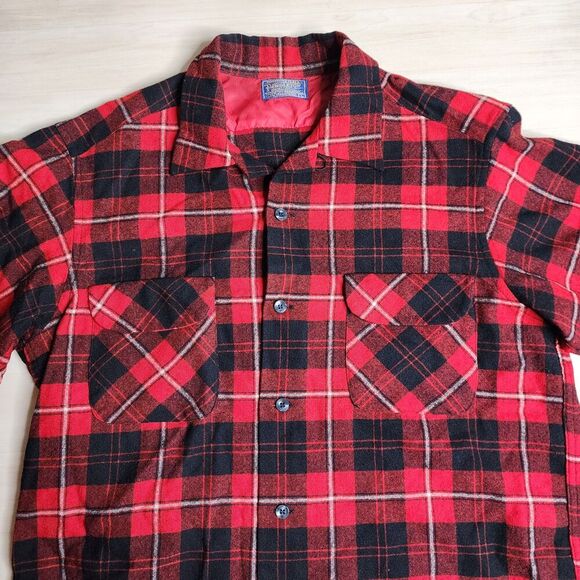 Vintage Pendleton Wool Red‎ Plaid Loop Collar Shirt Made in USA Plaid Size Large - Picture 5 of 9